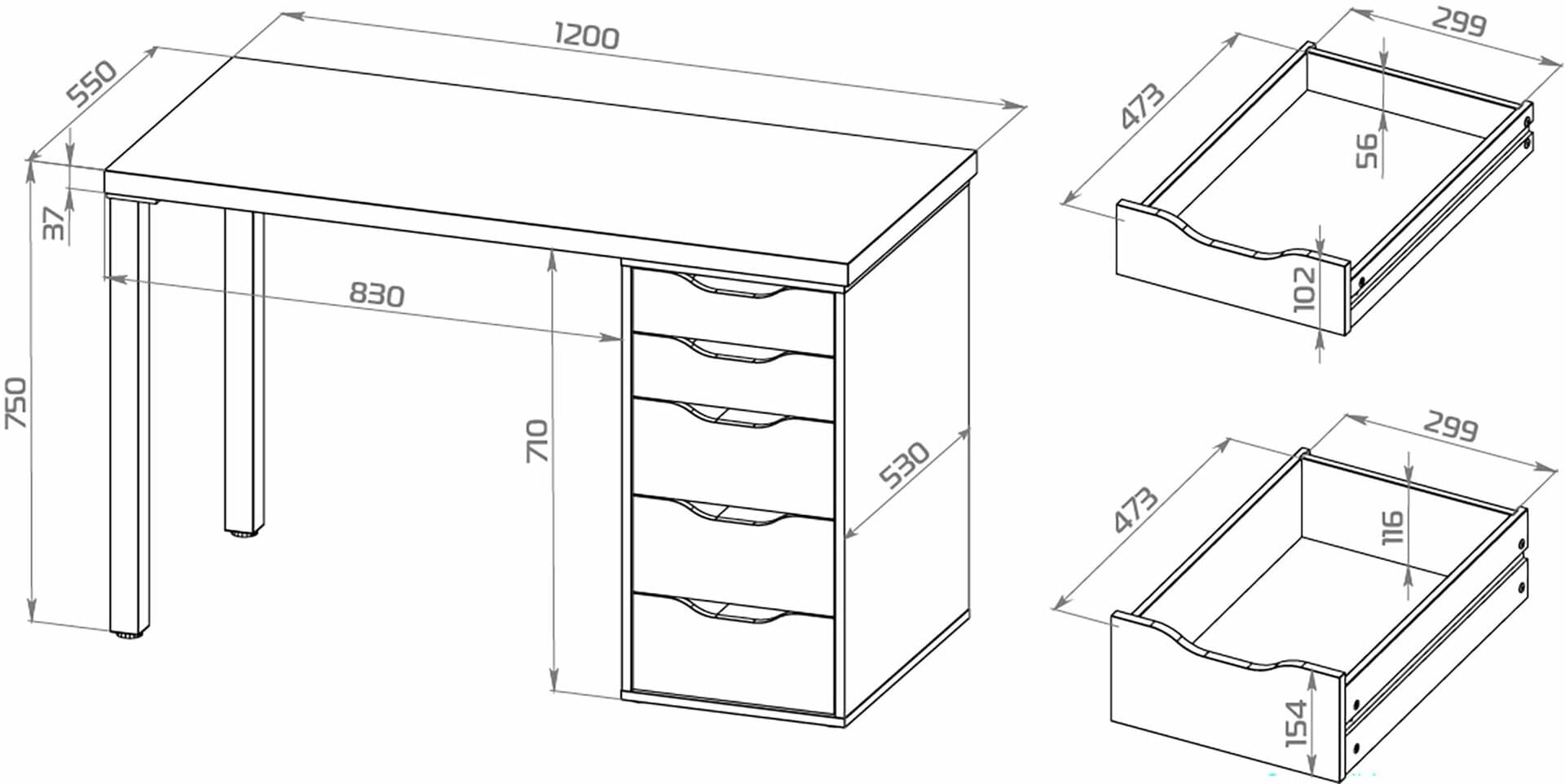 Стол письменный Ингар, 5 ящиков, 120х75х55 см, белый 22