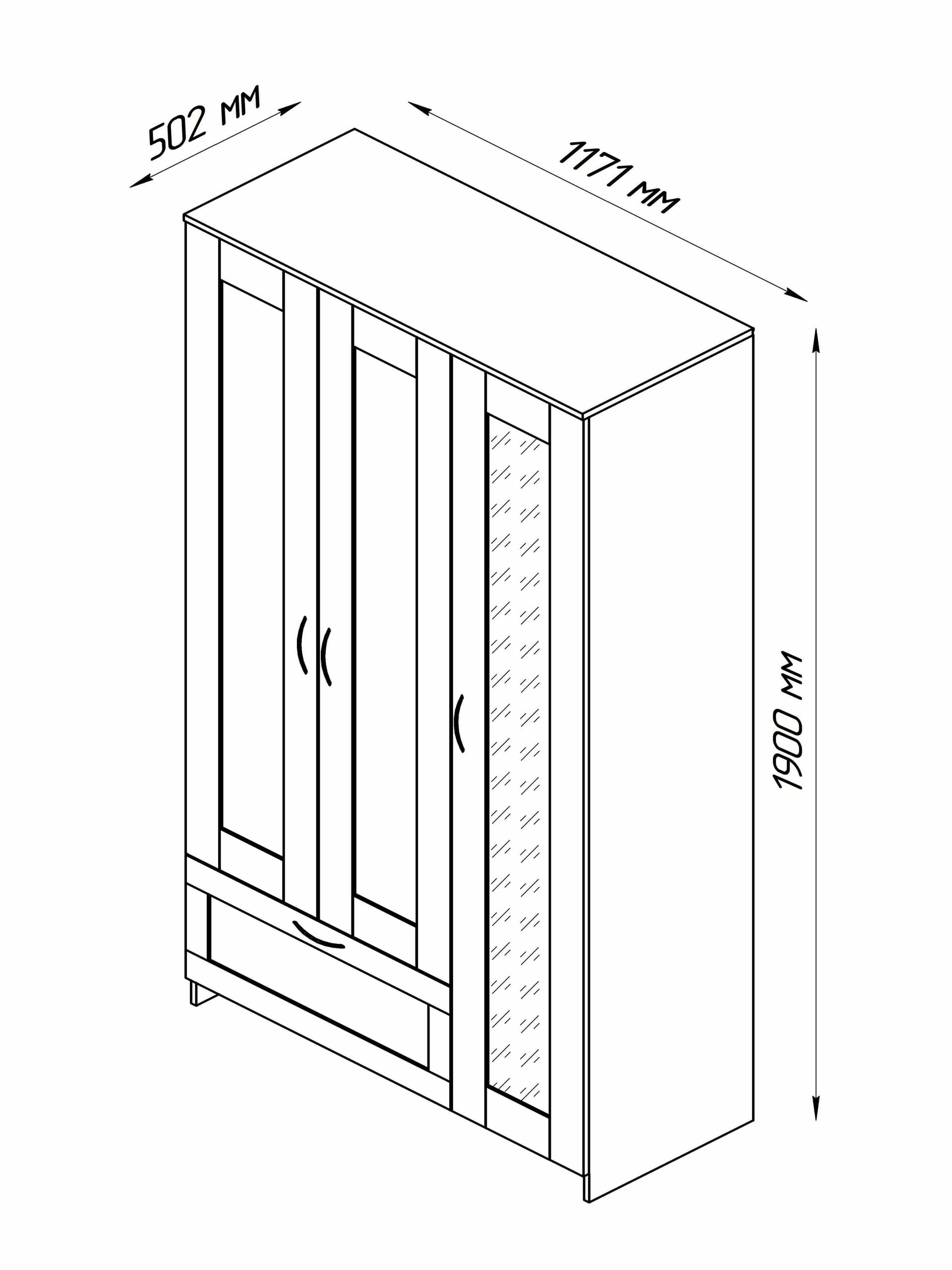 Шкаф Сириус, 3 двери и 1 ящик, 117х50х190 см, с зеркалом, белый 19